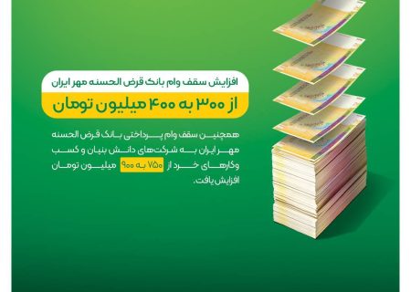 سقف وام بانک‌ قرض‌الحسنه مهر ایران به ۴۰۰ میلیون تومان افزایش یافت