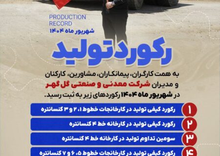 رکوردهای تولید کارخانجات شرکت معدنی و صنعتی گل گهر در شهریورماه ۱۴۰۴
