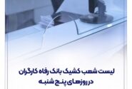 فهرست شعب کشیک بانک رفاه کارگران در استان تهران در روز پنج‌شنبه ۳۰ بهمن