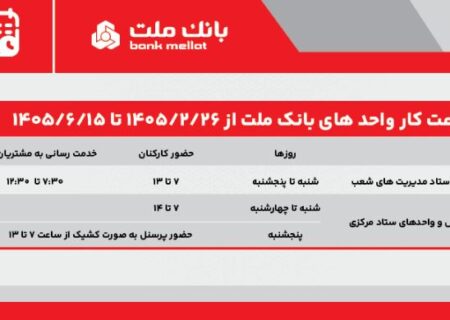 تغییر ساعت کار واحدهای بانک ملت از ۲۶ اردیبهشت